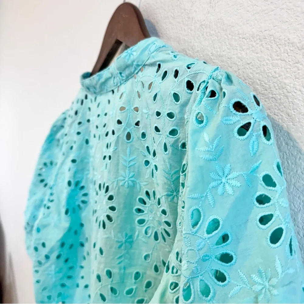 J.Crew Puff-Sleeve Eyelet Popover Top Mint Green Teal Romantic Cottagecore EUC